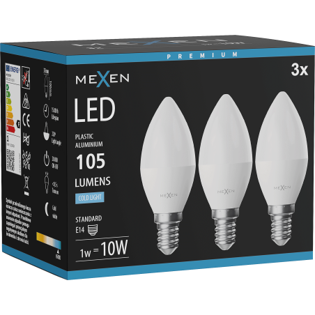 Mexen Nova 3x Bombilla LED E14, C37, 1W, Fría - 6500K, 105 lm - L102-E14-0165-01x03