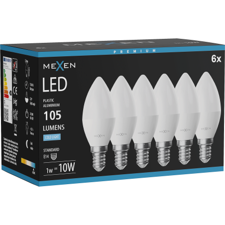 Mexen Nova 6x Lampadina LED E14, C37, 1W, Luce Fredda - 6500K, 105 lm - L102-E14-0165-01x06