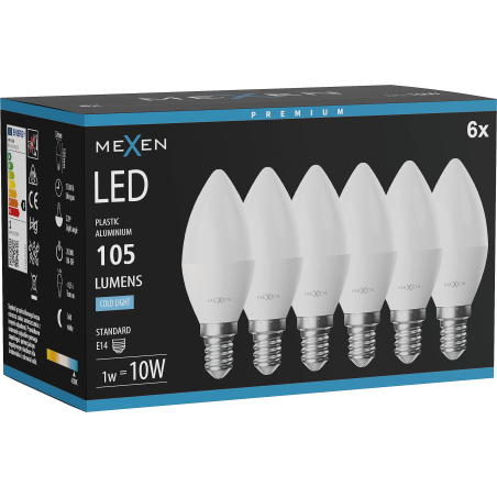 Mexen Nova 6x LED spuldze E14, C37, 1W, Auksti - 6500K, 105 lm - L102-E14-0165-01x06