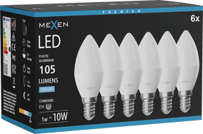 Mexen Nova 6x LED pirn E14, C37, 1W, Külm - 6500K, 105 lm - L102-E14-0165-01x06