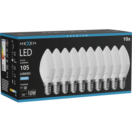 Mexen Nova 10x LED-Glühbirne E14, C37, 1W, Kalt - 6500K, 105 lm - L102-E14-0165-01x10