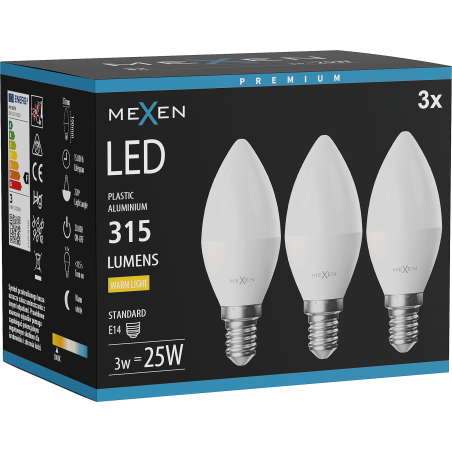 Mexen Nova 3x LED-Glühbirne E14, C37, 3W, Warm - 3000K, 315 lm - L102-E14-0330-01x03