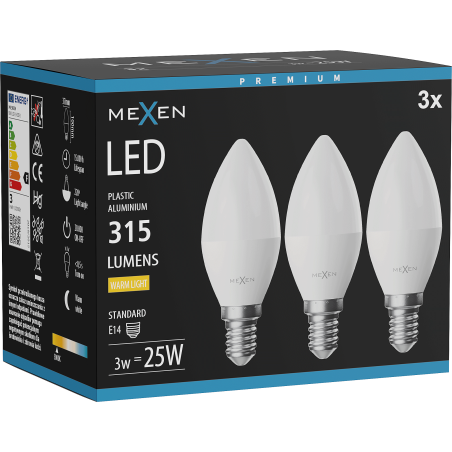 Mexen Nova 3x LED-lampa E14, C37, 3W, Varm - 3000K, 315 lm - L102-E14-0330-01x03