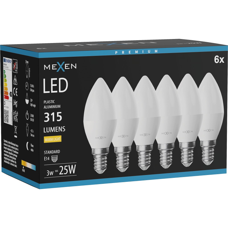 Mexen Nova 6x Bombilla LED E14, C37, 3W, Cálida - 3000K, 315 lm - L102-E14-0330-01x06