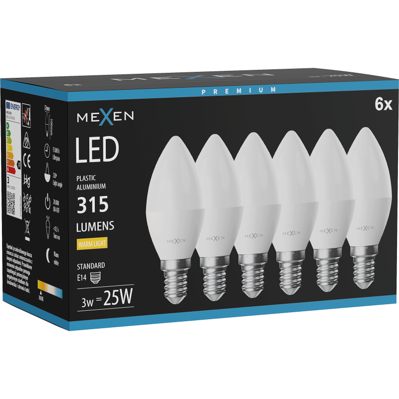 Mexen Nova 6x Λαμπτήρας LED E14, C37, 3W, Θερμό - 3000K, 315 lm - L102-E14-0330-01x06