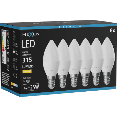 Mexen Nova 6x LED-lampa E14, C37, 3W, Varm - 3000K, 315 lm - L102-E14-0330-01x06