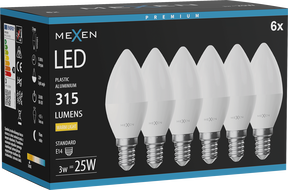 Mexen Nova 6x LED pirn E14, C37, 3W, Soe - 3000K, 315 lm - L102-E14-0330-01x06