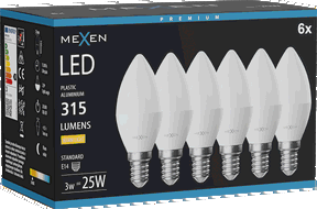 Mexen Nova 6x LED žarulja E14, C37, 3W, Topla - 3000K, 315 lm - L102-E14-0330-01x06