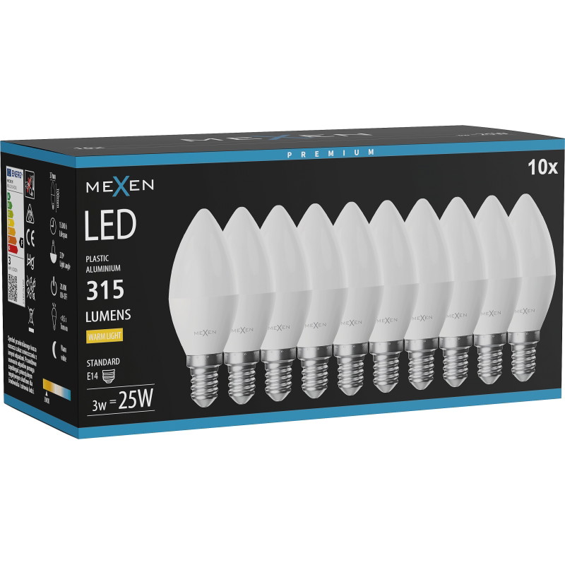 Mexen Nova 10x Bombilla LED E14, C37, 3W, Cálida - 3000K, 315 lm - L102-E14-0330-01x10