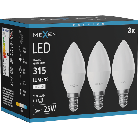 Mexen Nova 3x LED Luucht E14, C37, 3W, Neutral - 4000K, 315 lm - L102-E14-0340-01x03
