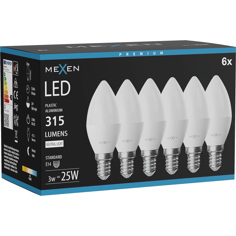 Mexen Nova 6x LED-lamp E14, C37, 3W, Neutraal - 4000K, 315 lm - L102-E14-0340-01x06