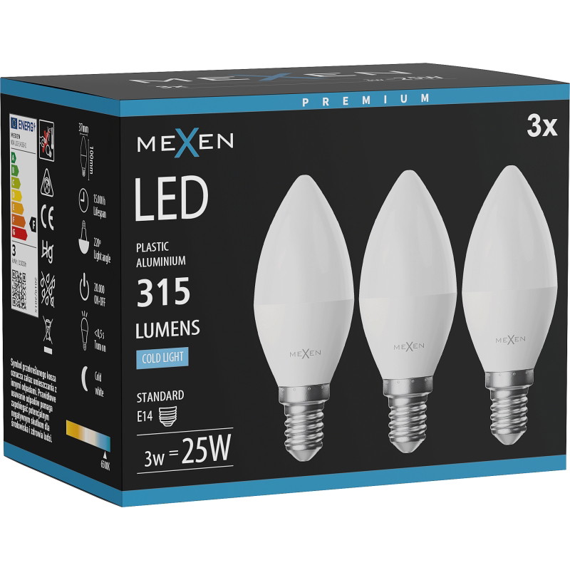 Mexen Nova 3x LED-lampa E14, C37, 3W, Kall - 6500K, 315 lm - L102-E14-0365-01x03
