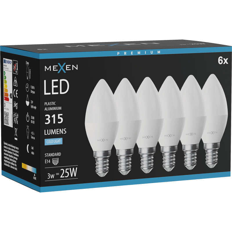 Mexen Nova 6x Lampadina LED E14, C37, 3W, Fredda - 6500K, 315 lm - L102-E14-0365-01x06