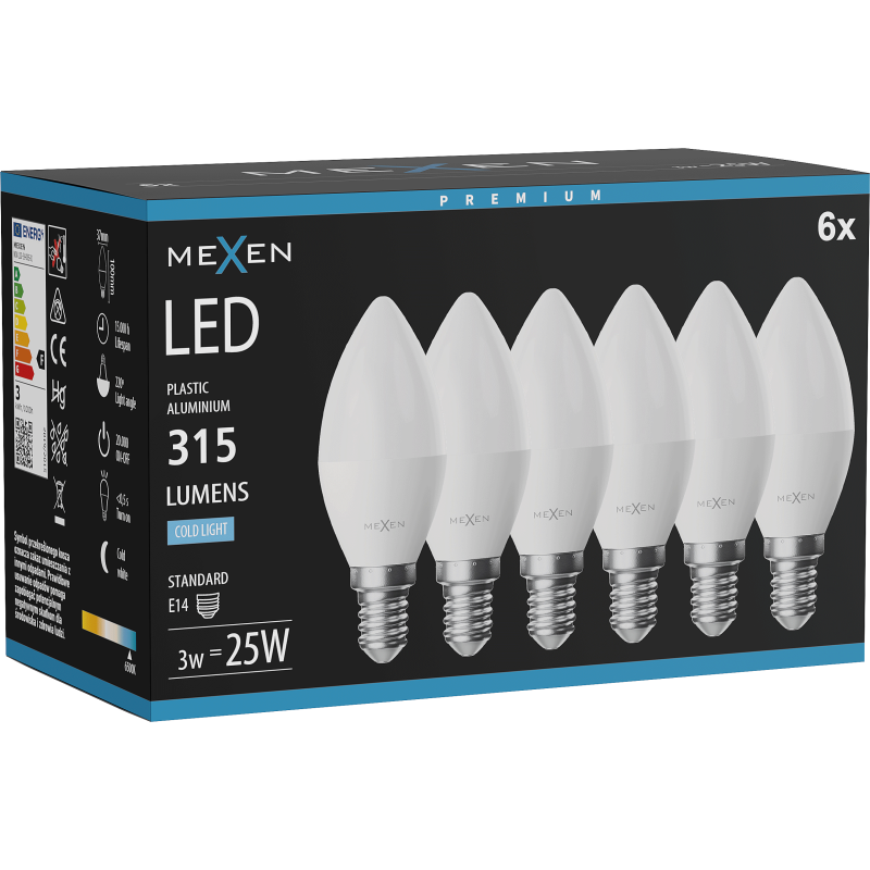 Mexen Nova 6x LED Bulb E14, C37, 3W, Cool - 6500K, 315 lm - L102-E14-0365-01x06