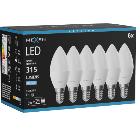 Mexen Nova 6x LED-lamp E14, C37, 3W, Koud - 6500K, 315 lm - L102-E14-0365-01x06
