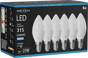 Mexen Nova 6x LED pirn E14, C37, 3W, Külm - 6500K, 315 lm - L102-E14-0365-01x06