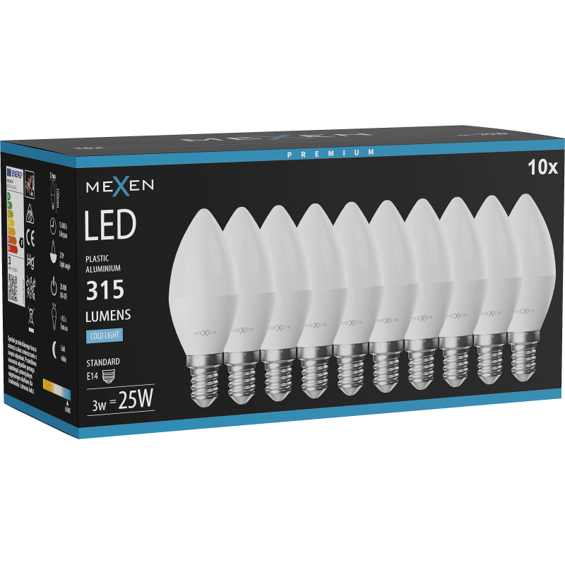 Mexen Nova 10x LED Bulb E14, C37, 3W, Cold - 6500K, 315 lm - L102-E14-0365-01x10