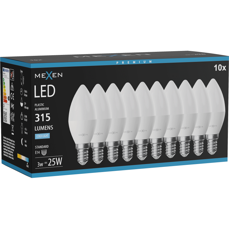 Mexen Nova 10x LED-lamppu E14, C37, 3W, Kylmä - 6500K, 315 lm - L102-E14-0365-01x10