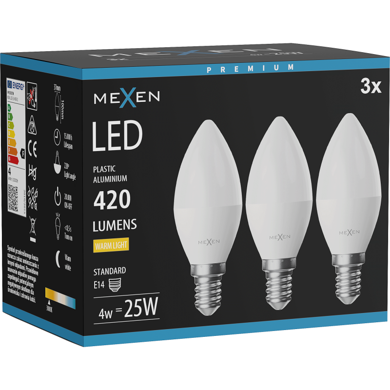 Mexen Nova 3x LED spuldze E14, C37, 4W, Silta - 3000K, 420 lm - L102-E14-0430-01x03