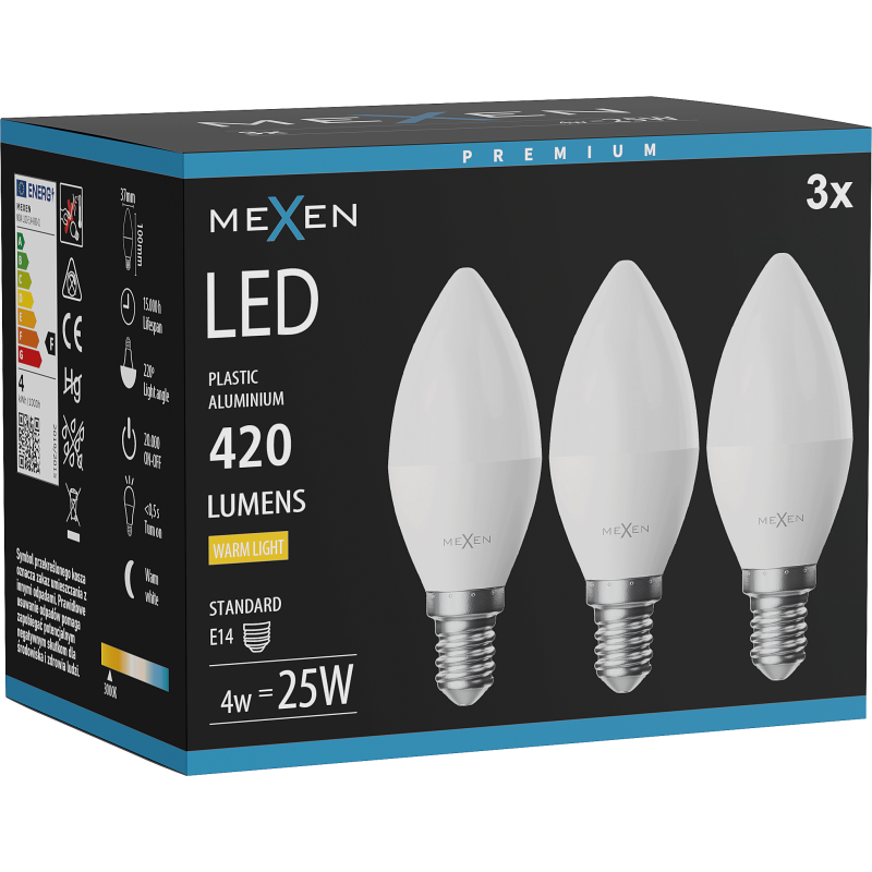 Mexen Nova 3x żarówka LED E14, C37, 4W, Ciepła - 3000K, 420 lm - L102-E14-0430-01x03