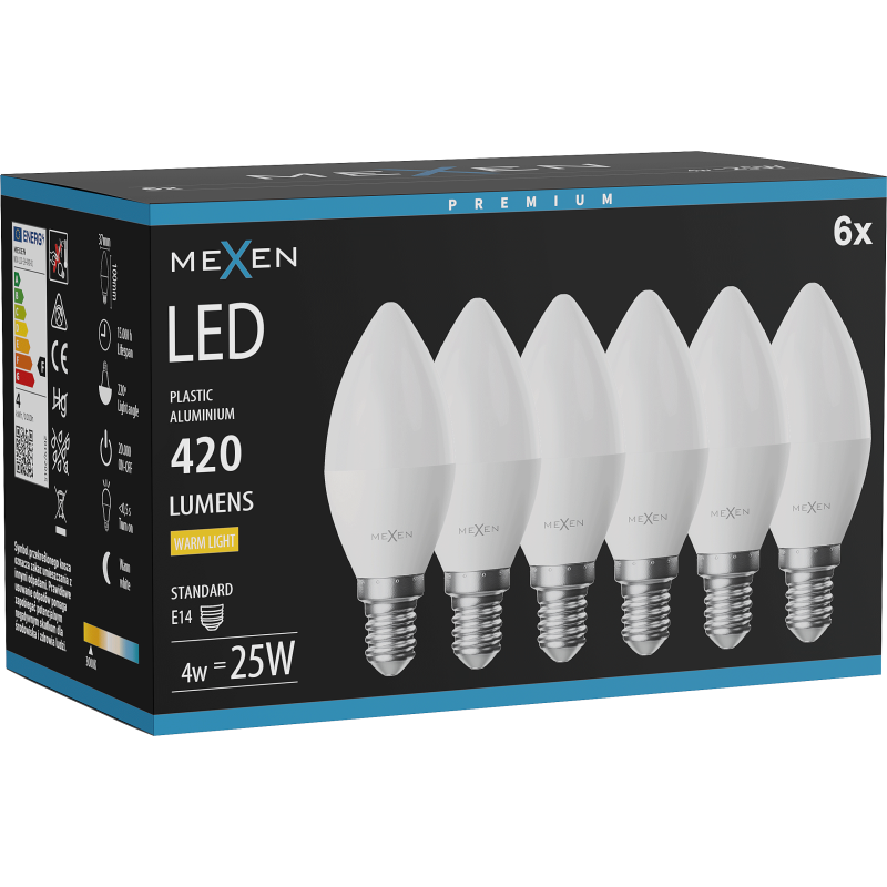 Mexen Nova 6x Ampoule LED E14, C37, 4W, Chaude - 3000K, 420 lm - L102-E14-0430-01x06