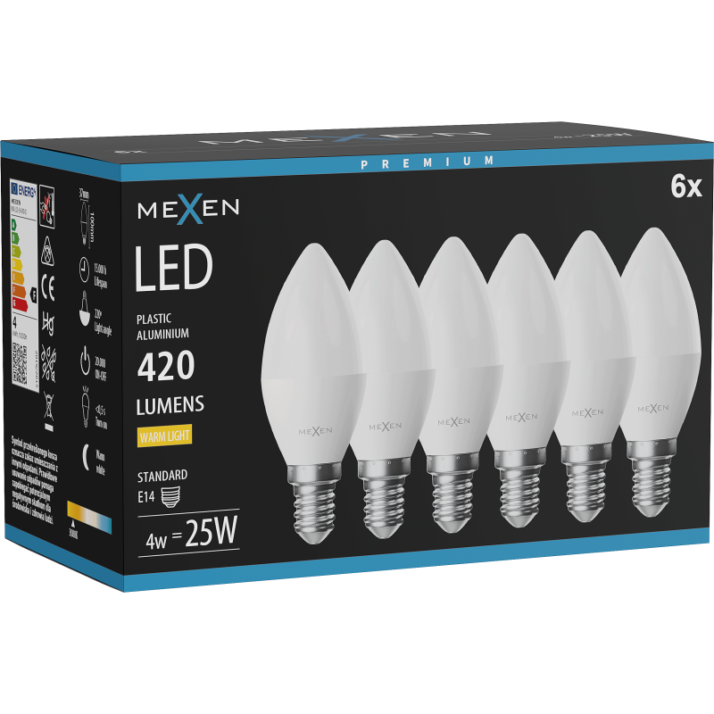 Mexen Nova 6x LED-Glühbirne E14, C37, 4W, Warm - 3000K, 420 lm - L102-E14-0430-01x06