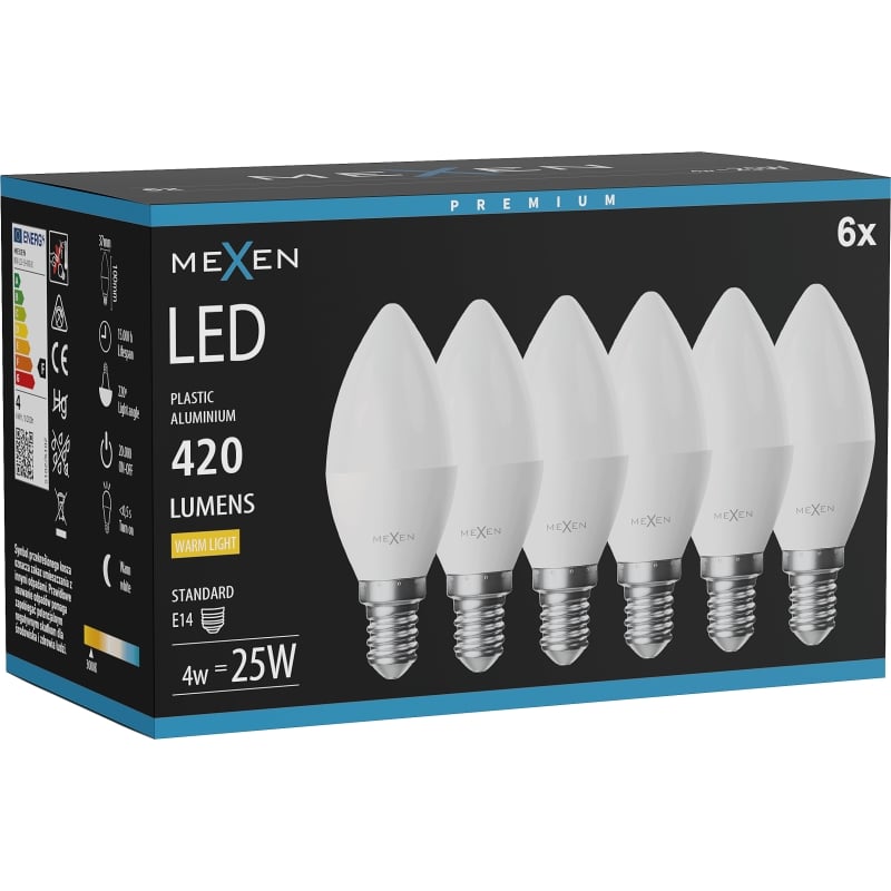 Mexen Nova 6x LED žarulja E14, C37, 4W, Topla - 3000K, 420 lm - L102-E14-0430-01x06