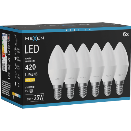 Mexen Nova 6x Lampadina LED E14, C37, 4W, Calda - 3000K, 420 lm - L102-E14-0430-01x06