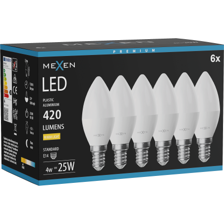 Mexen Nova 6x LED žarulja E14, C37, 4W, Topla - 3000K, 420 lm - L102-E14-0430-01x06