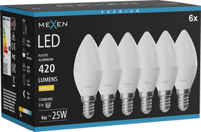 Mexen Nova 6x LED-lamp E14, C37, 4W, Warm - 3000K, 420 lm - L102-E14-0430-01x06