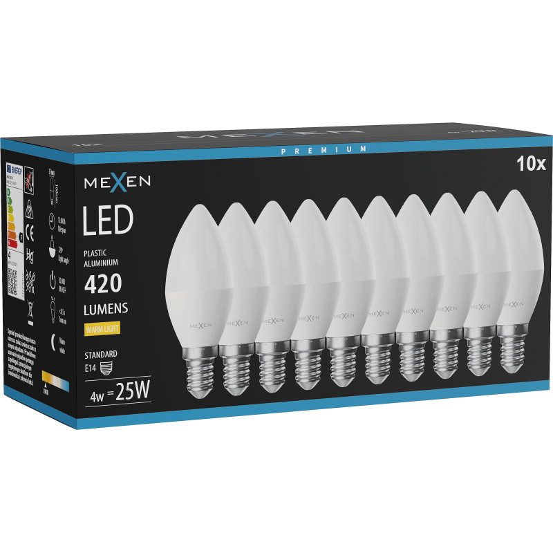 Mexen Nova 10x Bombilla LED E14, C37, 4W, Cálida - 3000K, 420 lm - L102-E14-0430-01x10