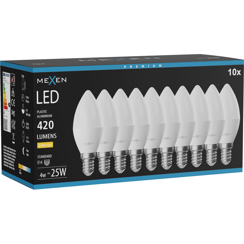 Mexen Nova 10x żarówka LED E14, C37, 4W, Ciepła - 3000K, 420 lm - L102-E14-0430-01x10