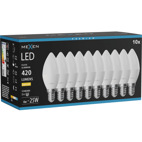 Mexen Nova 10x Bombilla LED E14, C37, 4W, Cálida - 3000K, 420 lm - L102-E14-0430-01x10