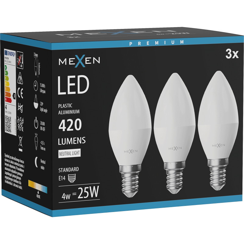 Mexen Nova 3x LED-lampa E14, C37, 4W, Neutral - 4000K, 420 lm - L102-E14-0440-01x03