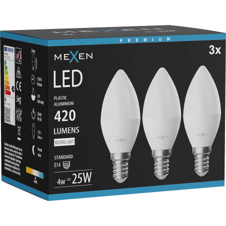 Mexen Nova 3x żarówka LED E14, C37, 4W, Neutralna - 4000K, 420 lm - L102-E14-0440-01x03
