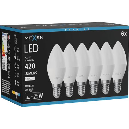 Mexen Nova 6x żarówka LED E14, C37, 4W, Neutralna - 4000K, 420 lm - L102-E14-0440-01x06