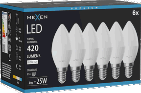 Mexen Nova 6x LED spuldze E14, C37, 4W, Neitrāla - 4000K, 420 lm - L102-E14-0440-01x06