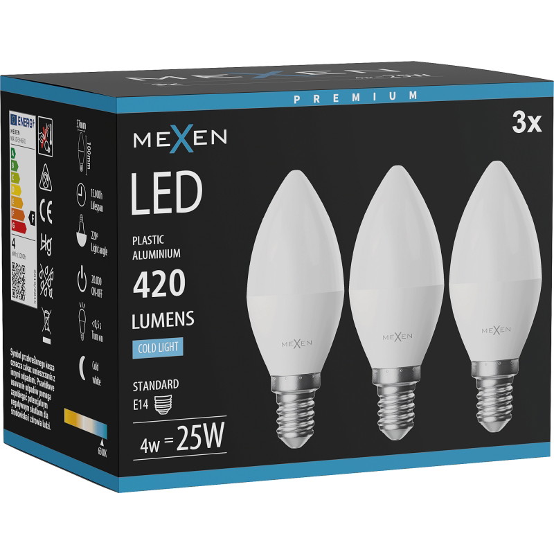 Mexen Nova 3x LED-lampa E14, C37, 4W, Kall - 6500K, 420 lm - L102-E14-0465-01x03