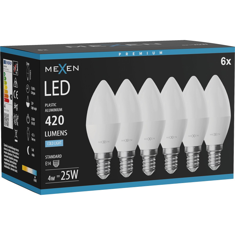 Mexen Nova 6x LED-lampa E14, C37, 4W, Kall - 6500K, 420 lm - L102-E14-0465-01x06