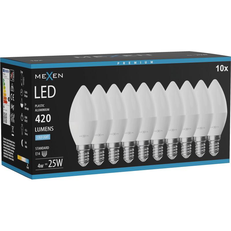 Mexen Nova 10x Bombilla LED E14, C37, 4W, Fría - 6500K, 420 lm - L102-E14-0465-01x10