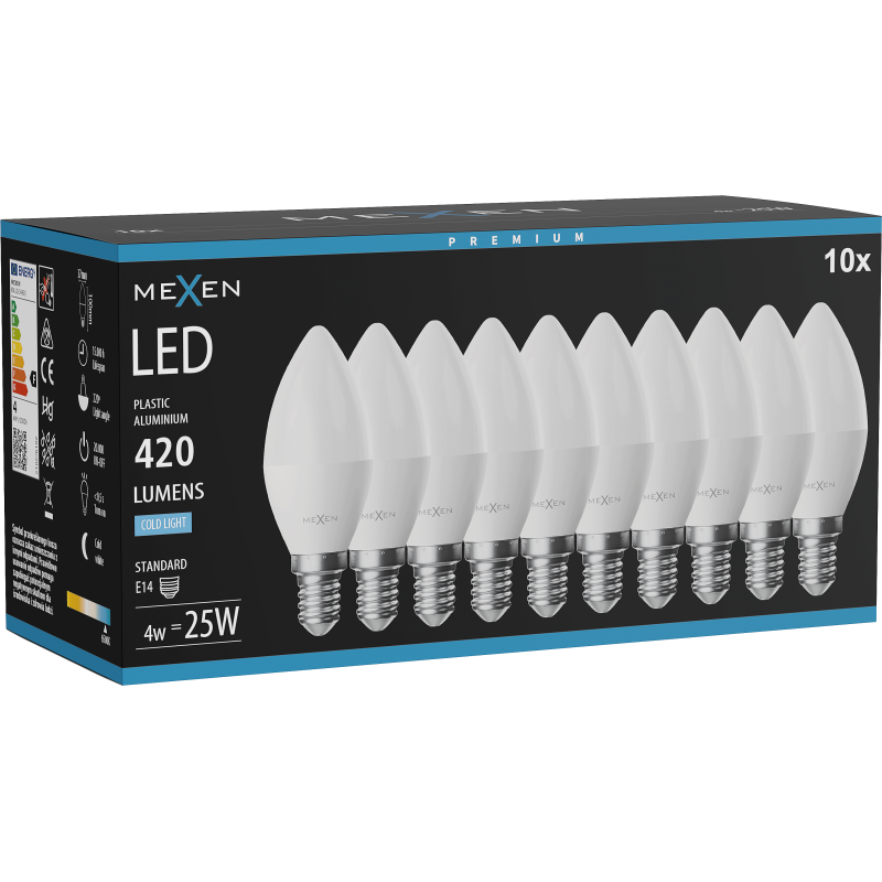 Mexen Nova 10x LED spuldze E14, C37, 4W, Auksts - 6500K, 420 lm - L102-E14-0465-01x10