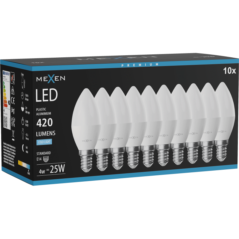 Mexen Nova 10x żarówka LED E14, C37, 4W, Zimna - 6500K, 420 lm - L102-E14-0465-01x10
