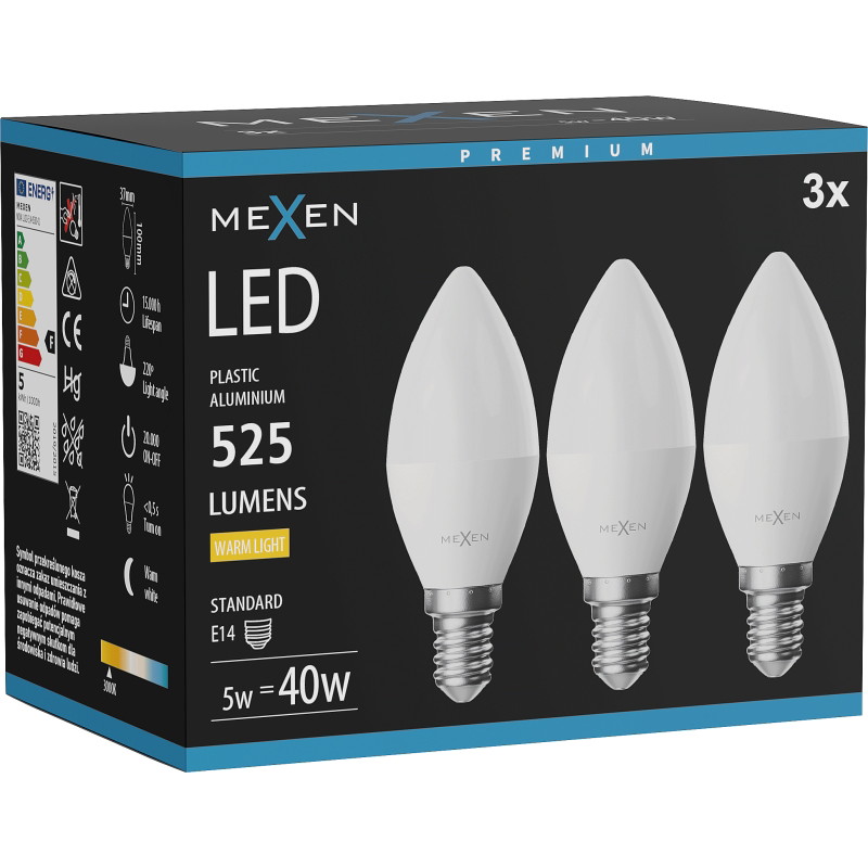 Mexen Nova 3x Bombilla LED E14, C37, 5W, Cálida - 3000K, 525 lm - L102-E14-0530-01x03