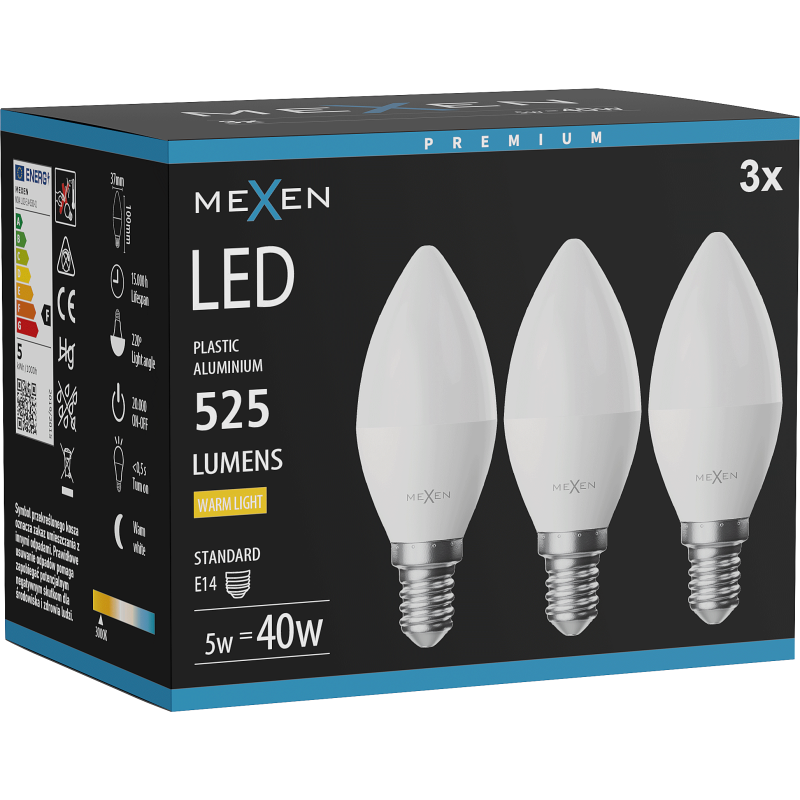 Mexen Nova 3x żarówka LED E14, C37, 5W, Ciepła - 3000K, 525 lm - L102-E14-0530-01x03