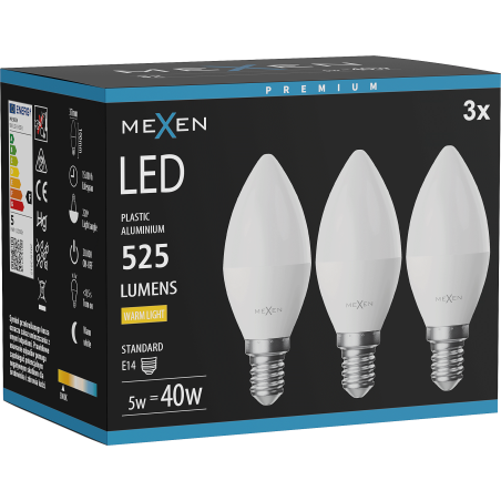 Mexen Nova 3x LED-lamp E14, C37, 5W, Soe - 3000K, 525 lm - L102-E14-0530-01x03