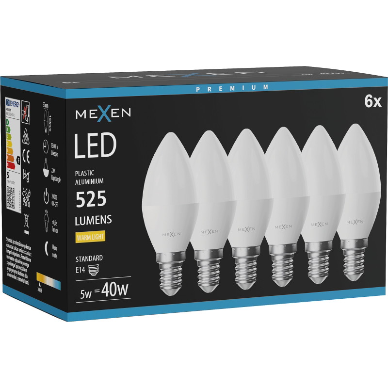 Mexen Nova 6x Bombilla LED E14, C37, 5W, Cálida - 3000K, 525 lm - L102-E14-0530-01x06
