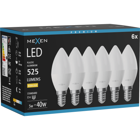 Mexen Nova 6x Lampadina LED E14, C37, 5W, Calda - 3000K, 525 lm - L102-E14-0530-01x06