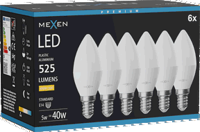 Mexen Nova 6x LED-Lampe E14, C37, 5W, Warm - 3000K, 525 lm - L102-E14-0530-01x06