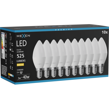 Mexen Nova 10x Ampoule LED E14, C37, 5W, Chaud - 3000K, 525 lm - L102-E14-0530-01x10