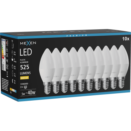 Mexen Nova 10x LED-lamp E14, C37, 5W, Warm - 3000K, 525 lm - L102-E14-0530-01x10